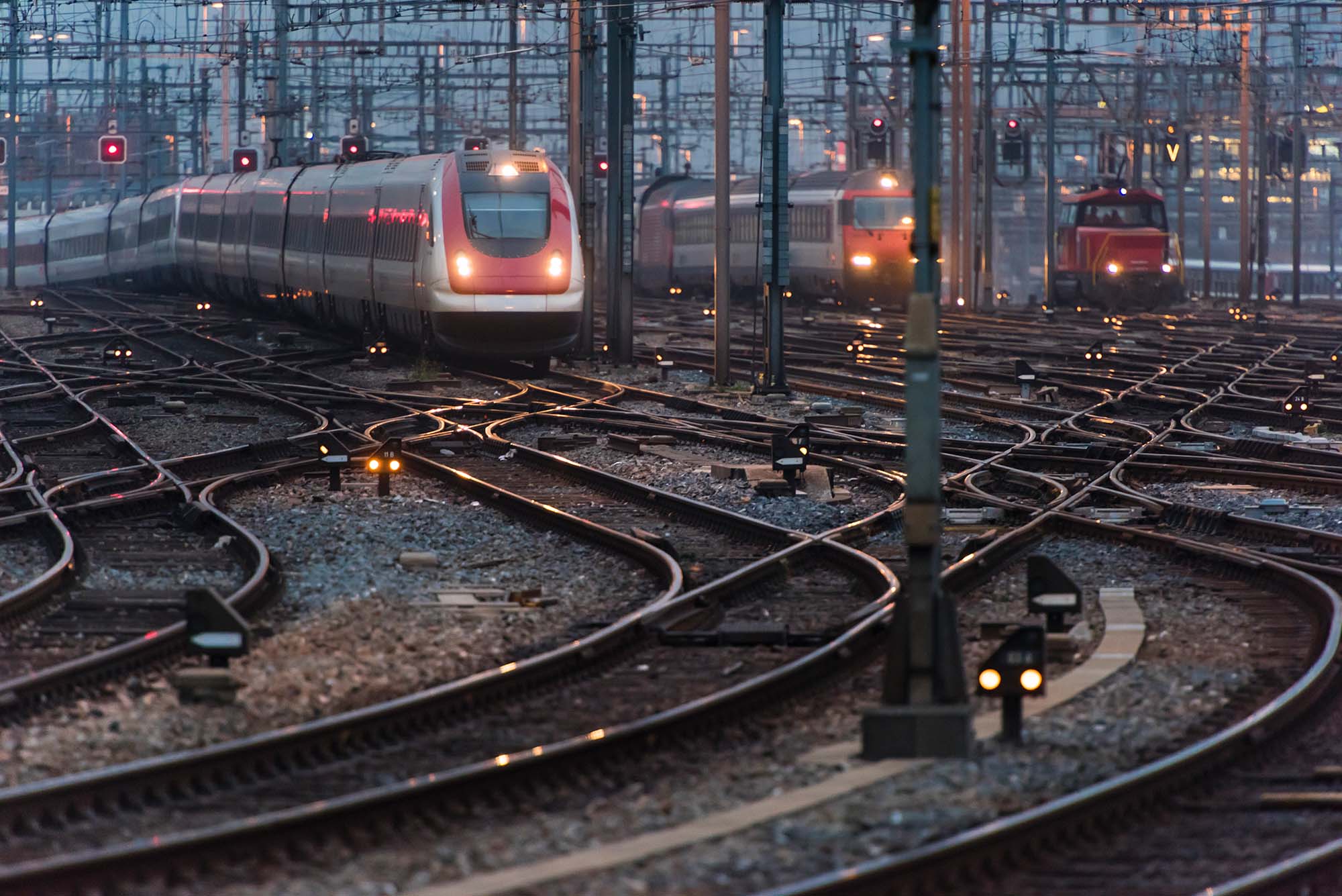 Trains running in a railway yard