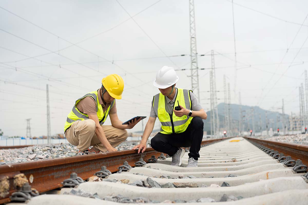 Two colleagues inspecting a train track